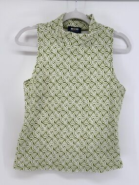 Maeve Anthropologie Olive Geometric Mock Neck Top M Retro Mod Academia